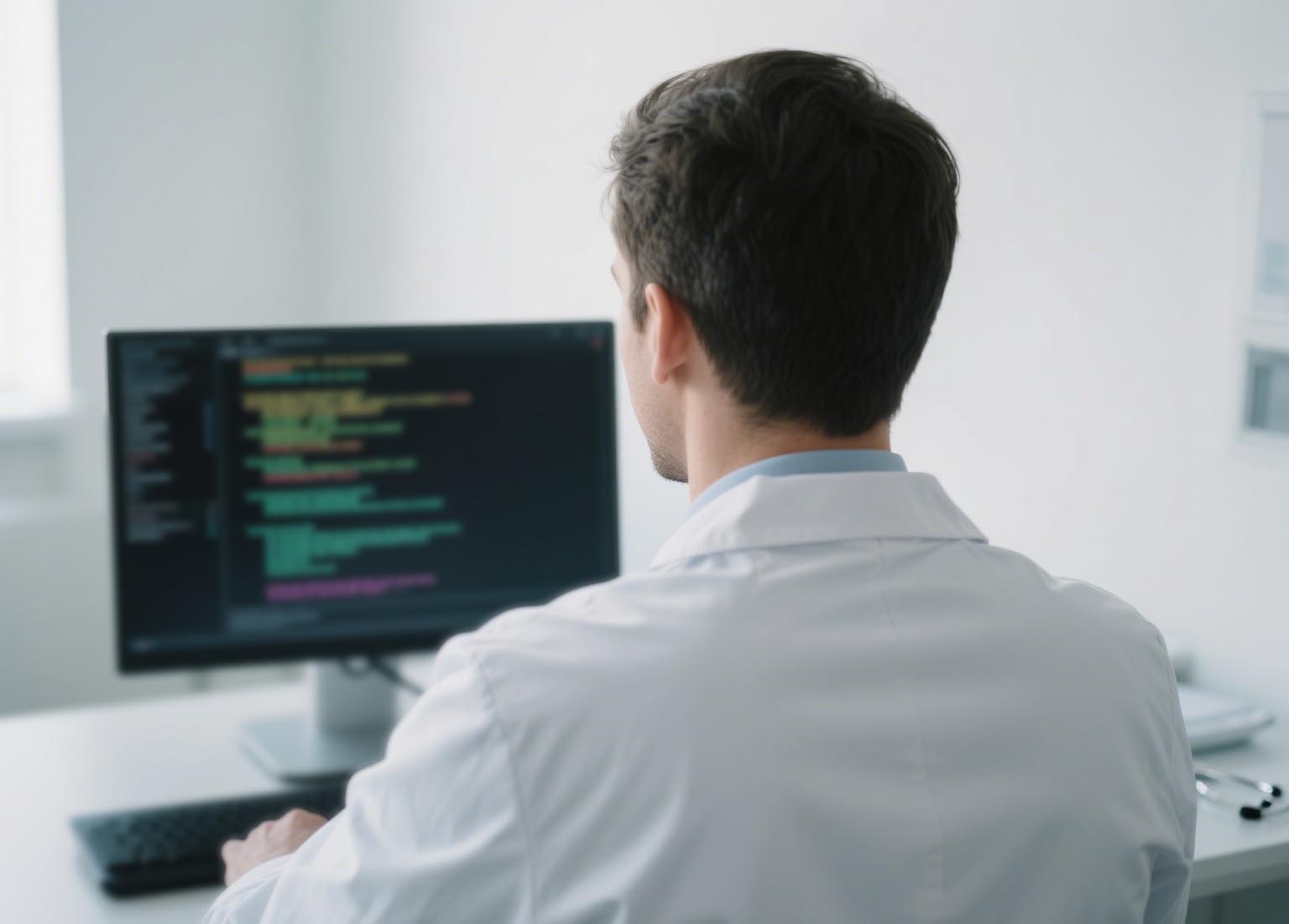 A male doctor in a white coat is seated at a desk, facing a computer monitor displaying colorful DNA sequencing data, focusing on analyzing genetic information.